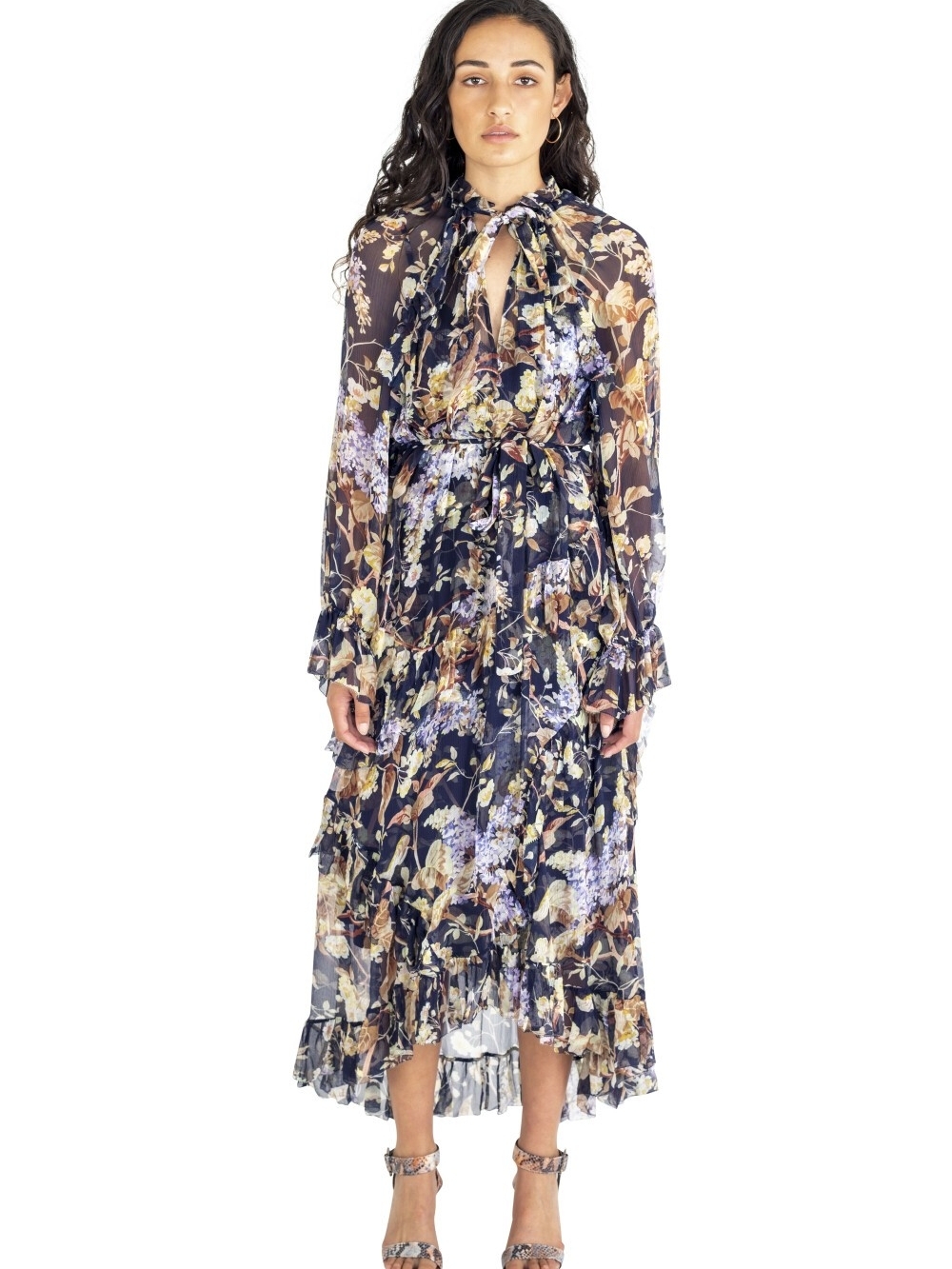 Zimmermann Navy Floral Tiered Tie-Neck Maxi Dress - Picture 7 of 17